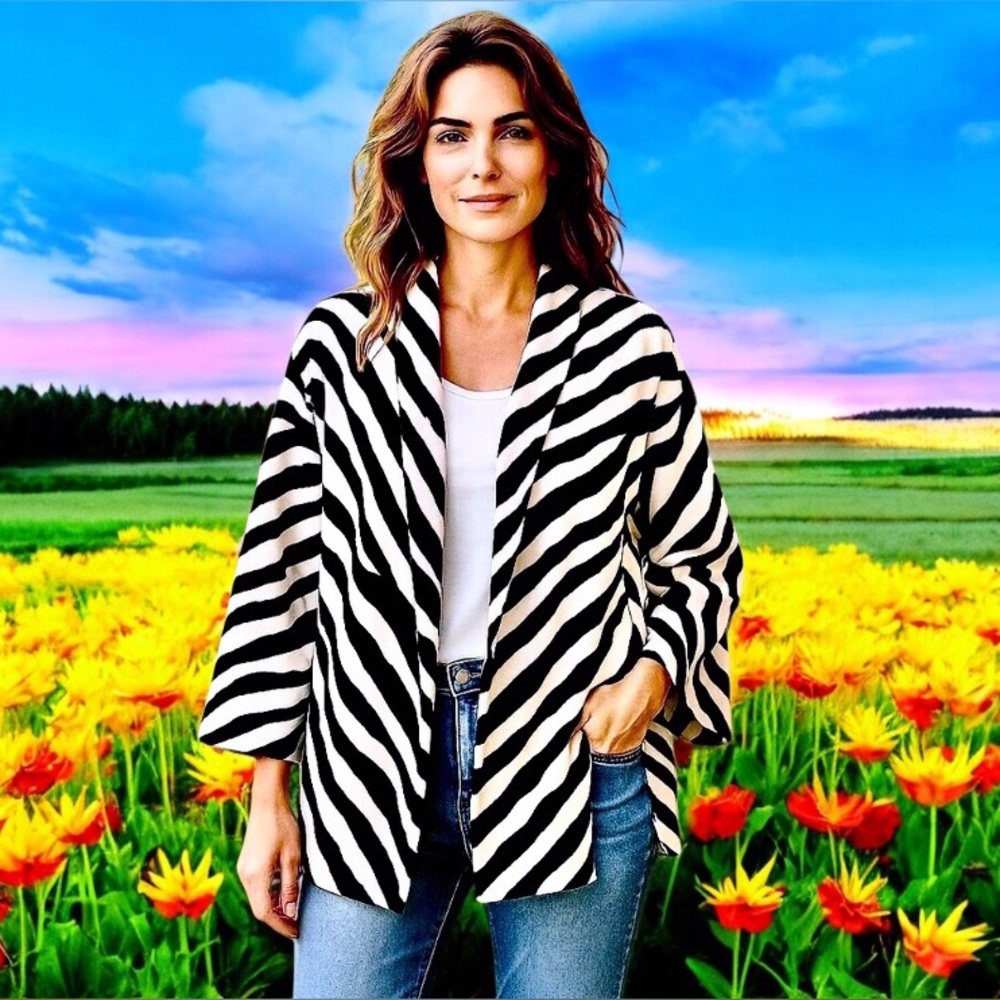 Natori Vintage 90's Jacket PUFFY Coat Lined Black & White Pockets Zebra Print - Picture 2 of 15